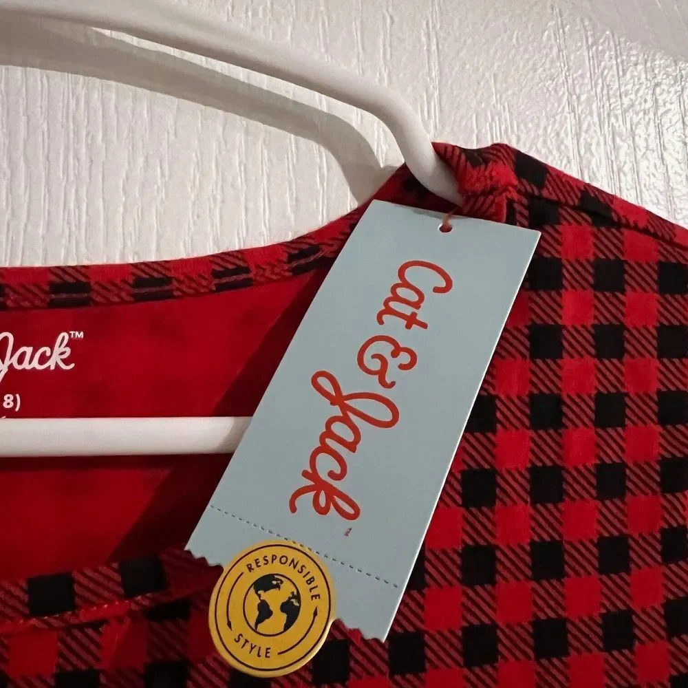Cat‎ & Jack Youth Girls' Red Black Plaid Printed Long Sleeve Dress Size XXL NWT